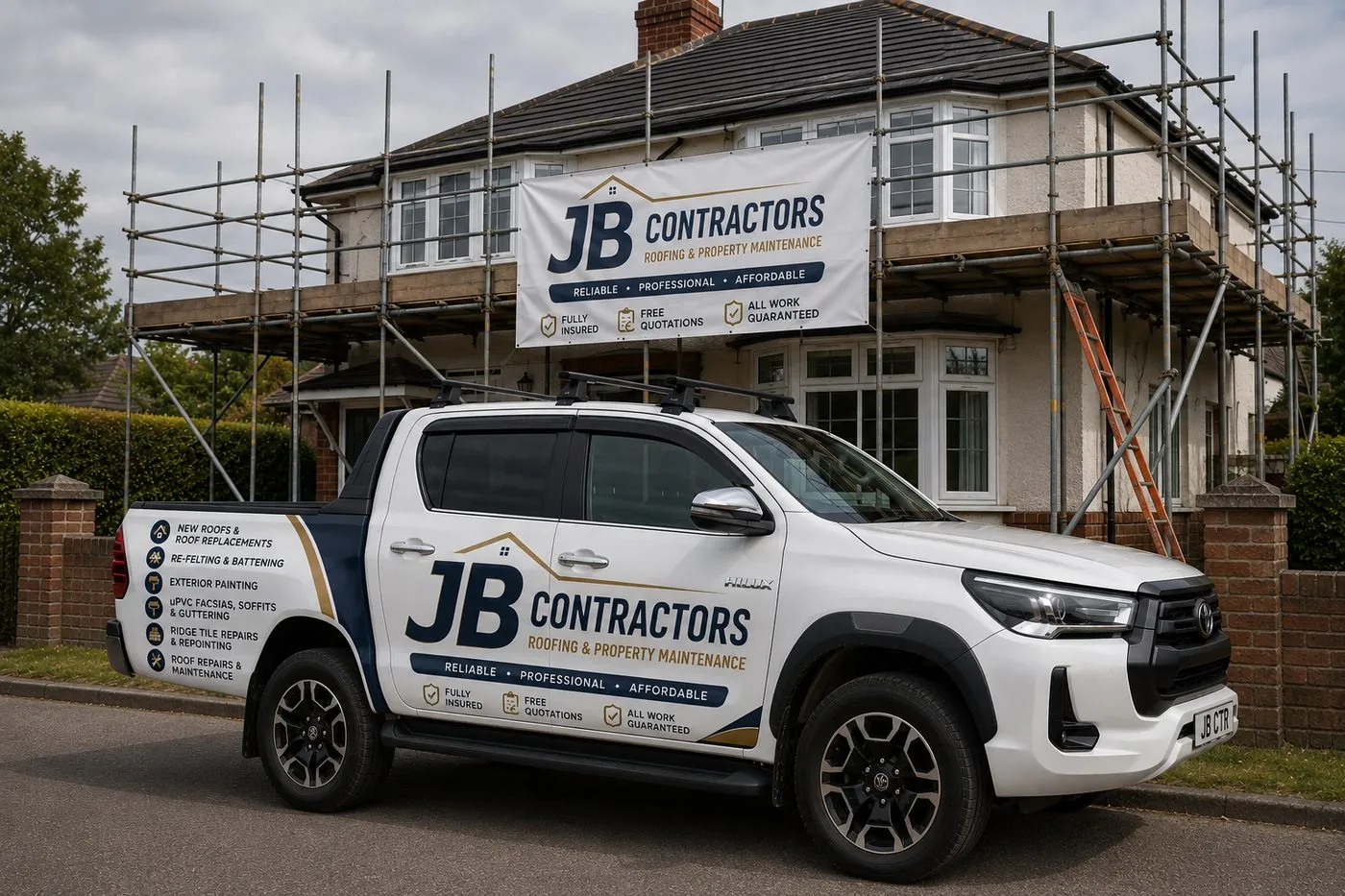 Exmouth Roofing pickup truck on site at a scaffolded roofing job in Exmouth